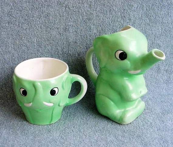 30s Goebel Elephant Pitcher Cup German Childs Matching Set Green Black Eyes Porcelain Figural Happy Elephant Jug Mug Children 4 Tall Vintage