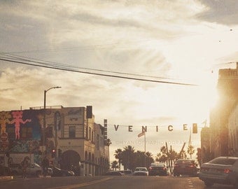 photography, Venice beach sign photograph, California beach, travel, beach photo, Los Angeles, sunset, orange yellow, streetscape, winter