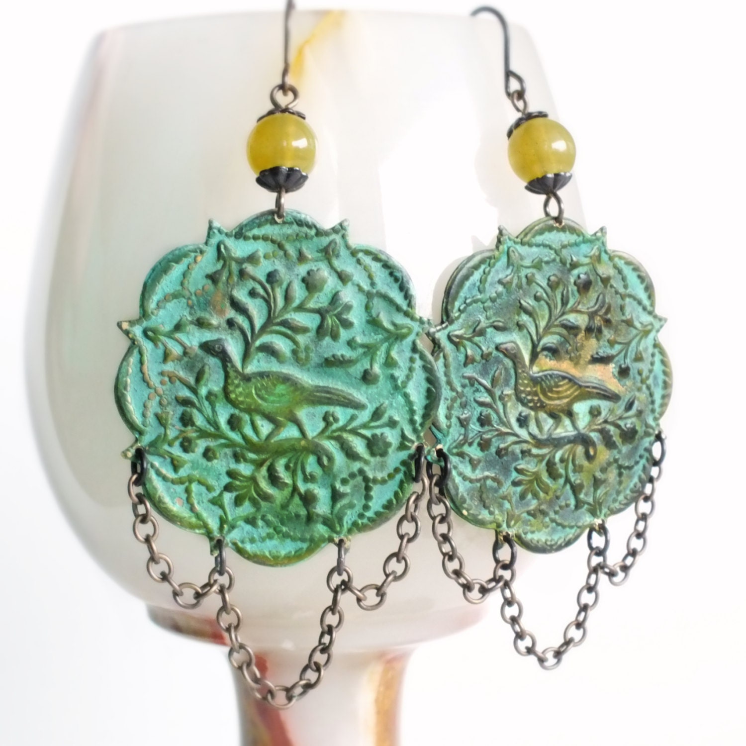 Green Chandelier Earrings Large Bird Medallion Olive by skeptis