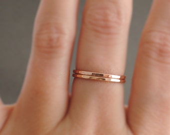 Rose Gold Ring 2 slim hammered stacking rings thin gold ring - thumb ring - midi ring or knuckle ring