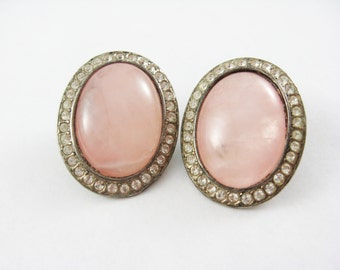Large Pink Earrings, Pink Glass Earrings, Vintage Jewelry, Pink Cabochon Light Pink Earrings, Diamond Rhinestone Earrings, Clip On Earrings