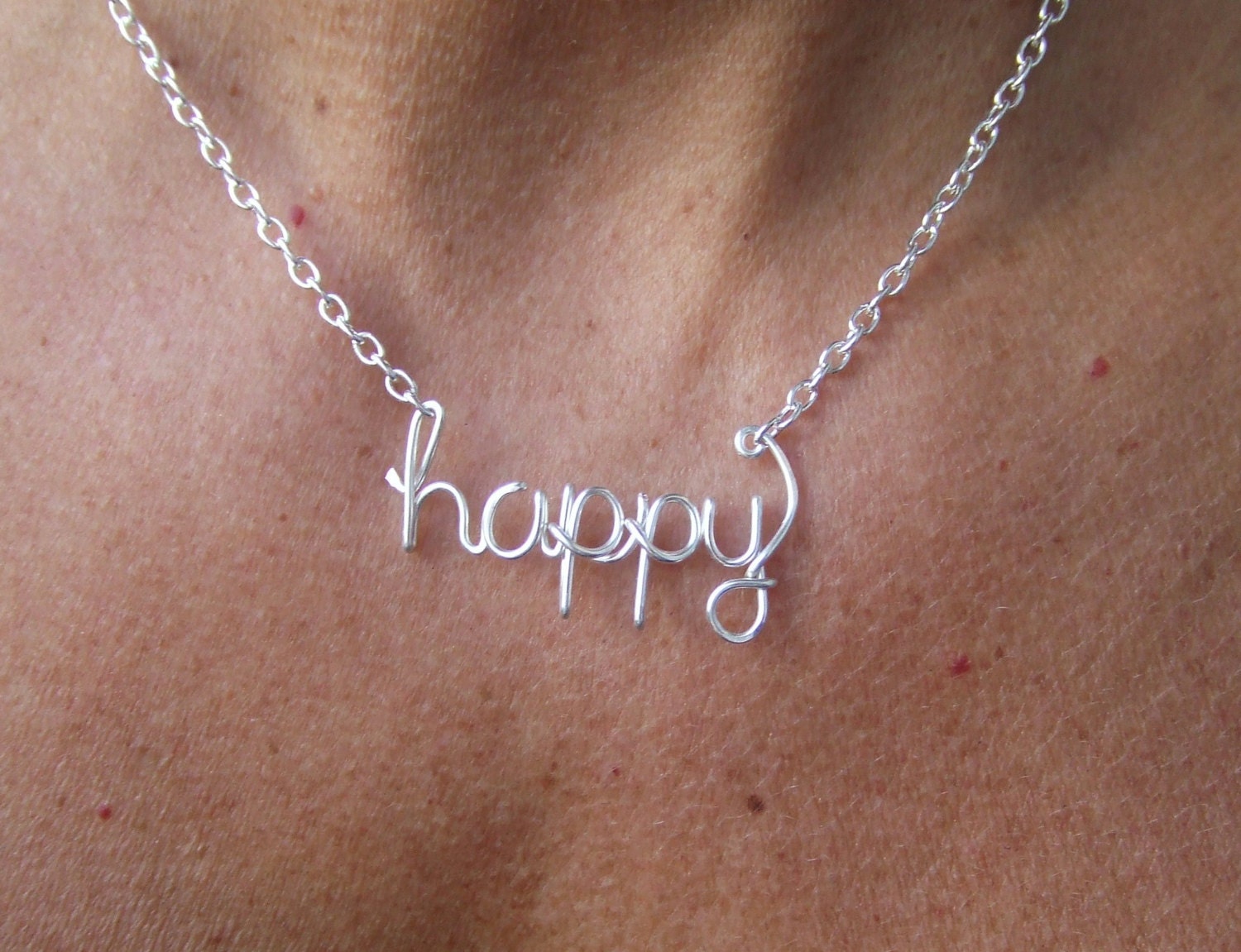 Happy Necklace Or Any Word Personalized Silver Word Necklace