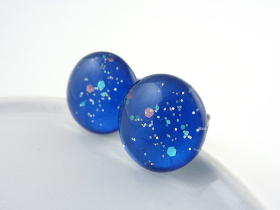 Blue Glitter Earrings Hypo Allergenic Titanium by KittyBallistic