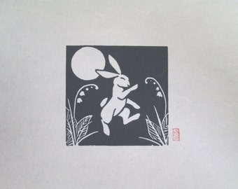 Dancing Rabbit - Mini Rabbit Lino Block Print