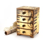 Music Theme Wooden Mini chest drawers,jewelry organizer ,gift musician,music style,Vintage look decoupage,Boho stile,brown, beige, gold