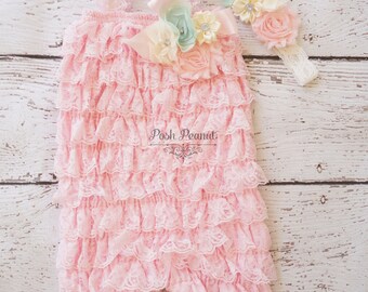 shabby chic petti lace romper- mint petti lace romper- petti lace romper set- light pink petti romper- romper- baby romper