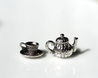 10 Teapot AND 10 Teacup Charms Silvertone Bracelet Necklace Teapot Charms 12X5mm Tea Party Alice In Wonderland Tea Cup Charm Teapot Tea Set