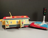 Early Yonezawa Yone Friction Toy Car with Camper // Tinplate Litho Japan 1950s // from Successionary