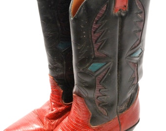 SALE Cowboy Boots // Leather Boots // Red and Black // Inlay Boots // Country Western // Boho Shoes // Southwestern // WOMENS SIZE 6.5
