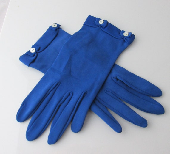 Royal Cobalt Blue Gloves Button 1960s Vintage Short Blue