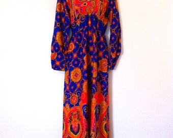 Free Ship / Vintage 1960s MALIHINI HAWAII mod mad men era full-length maxi dress empire waist