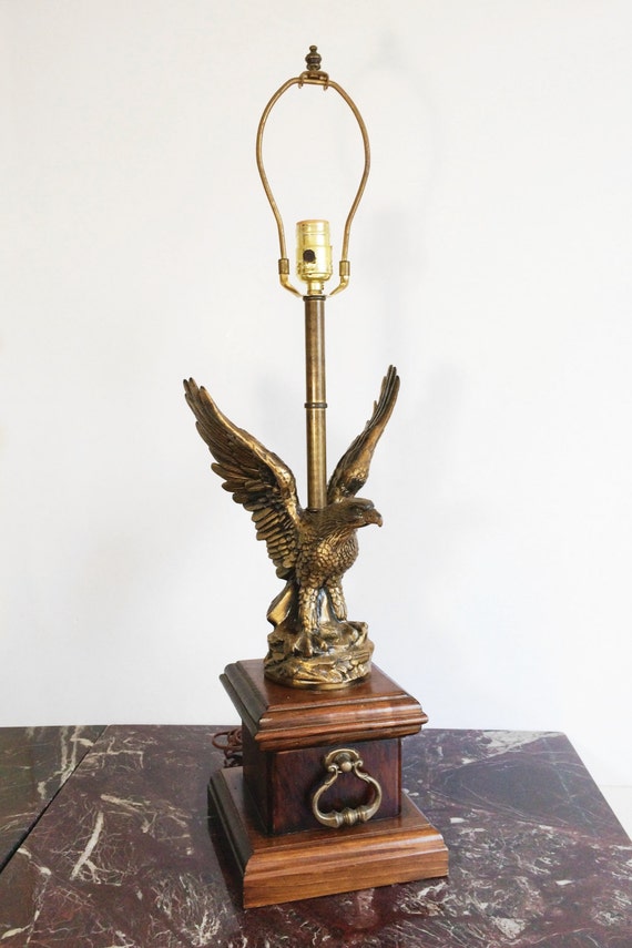 Vintage Bronze Eagle Table Lamp with Wood Pedestal Base