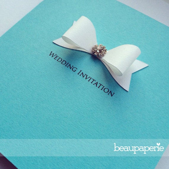 Handmade Luxury Tiffany Inspired Paper Bow & Crystal Bead Wedding Invitation