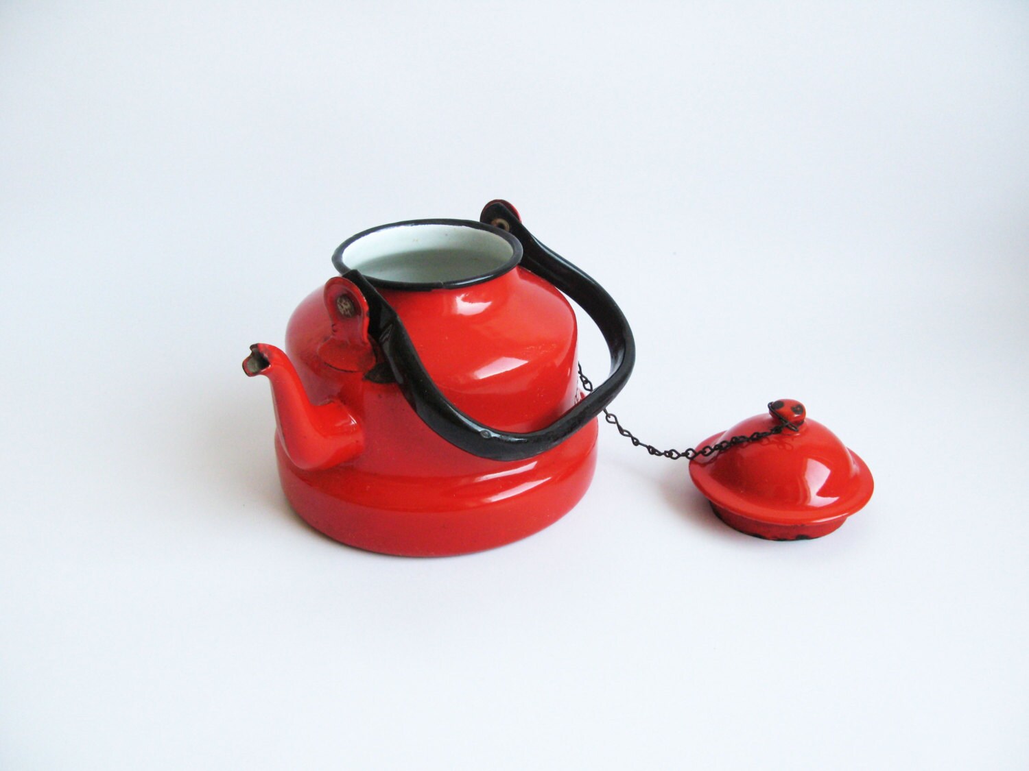 Vintage Red Enamel Teapot /Coffee Kettle /Serving Enamelware Metal Pot