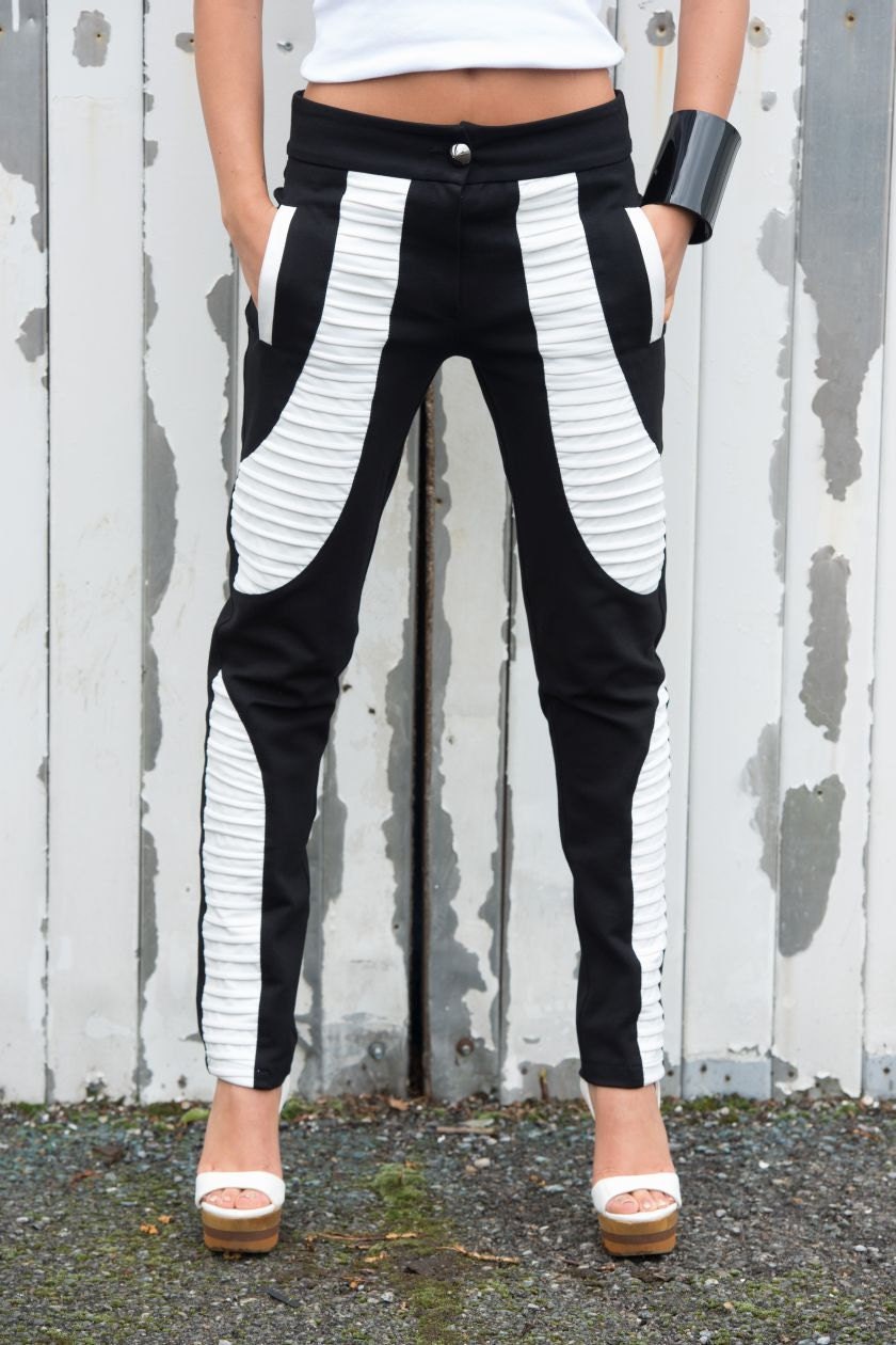 black and white leather pants