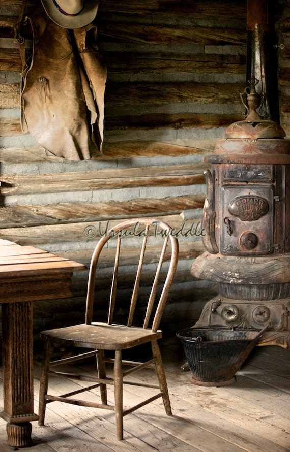 Items similar to Log Cabin Old West Chair & Potbellied Stove, Rustic