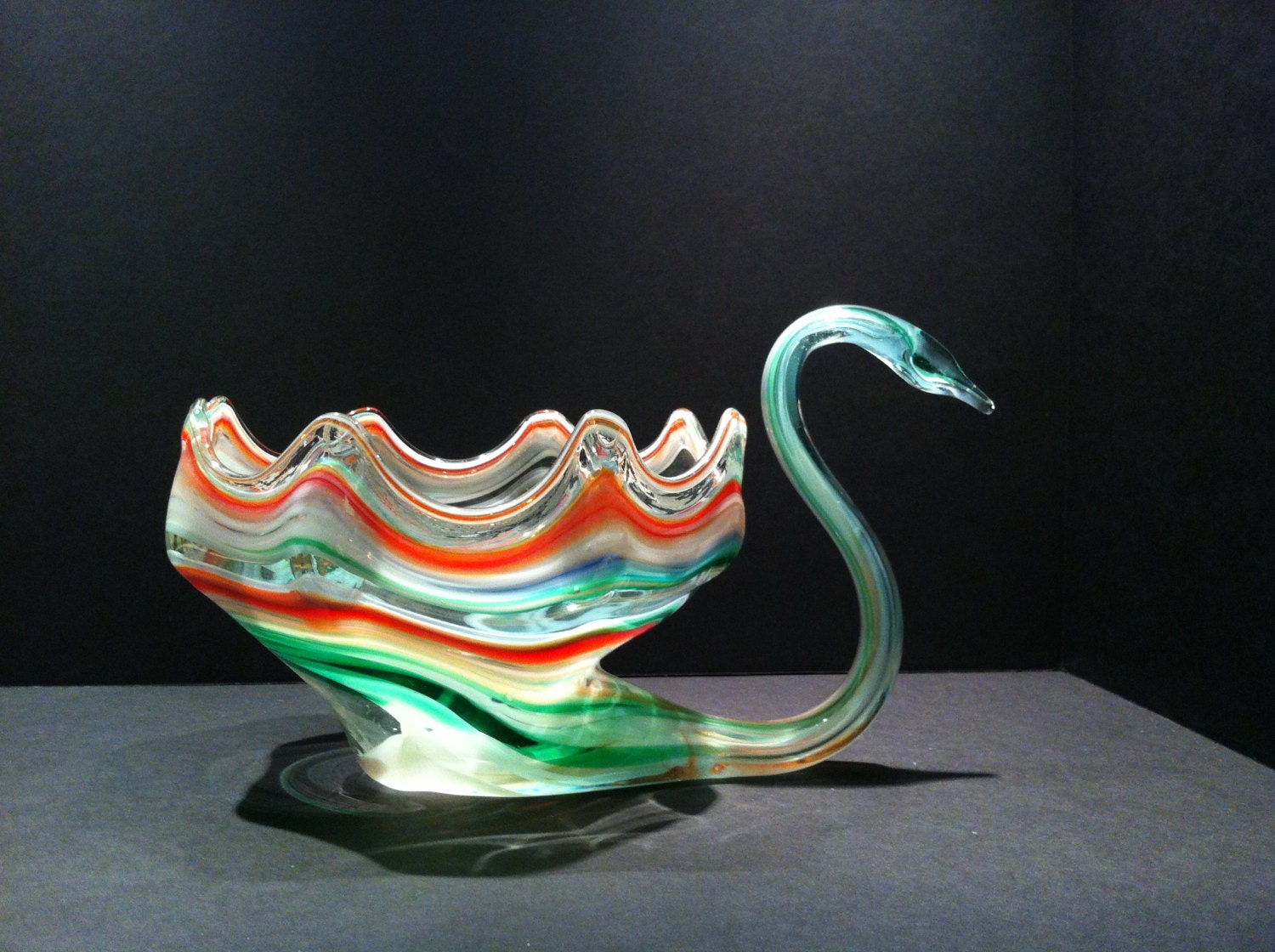 Vintage 1970s Glass Swan Bowl. Hand Crafted Murano Style Glass