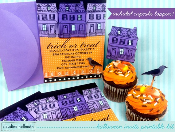 halloween party printable invite with cupcake toppers - editable text you can customize yourself PDF - INSTANT download Il_570xn