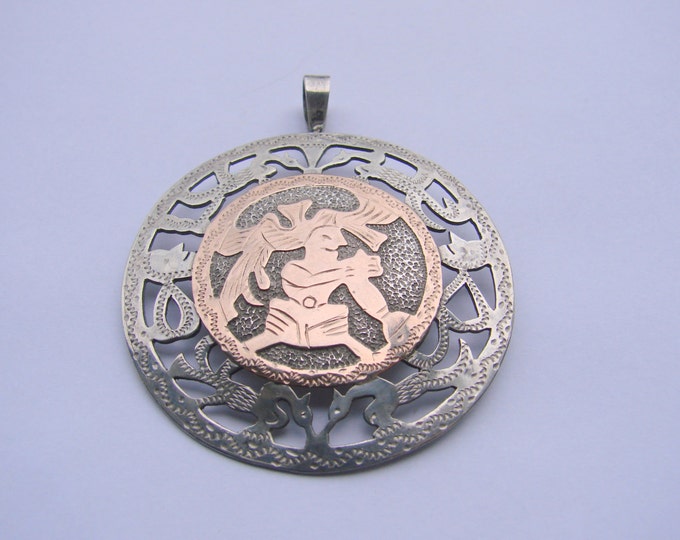 Coin Silver Designer Signed Aztec or Mayan Disc Brooch Pendant / Vintage Jewelry / Jewellery