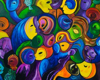 Large Oil Painting On Canvas - Original Colorful Painting - Wall Art - 'Types' Size: 27.3''x 39'' (70 cm X 100 Cm)