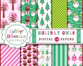 50% off Christmas Owls digital papers in hot pink and green, hoot scrapbook paper INSTANT DOWNLOAD Holiday Owl Il_170x135