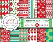 50% off Christmas Pixie digital scrapbook papers scandinavian folk, poinsettas, snowflakes, green, red, polka dots, Instant Download Il_170x135