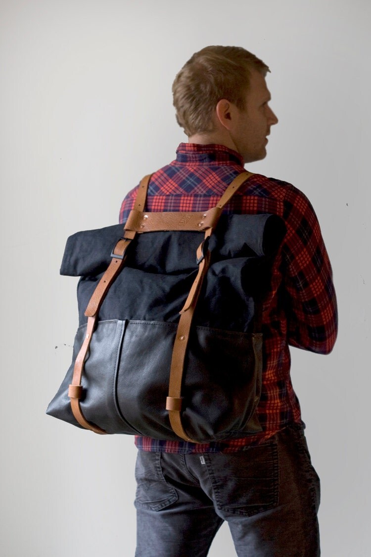 Waxed Canvas Backpack Leather Roll Top Black Leather by AwlSnap