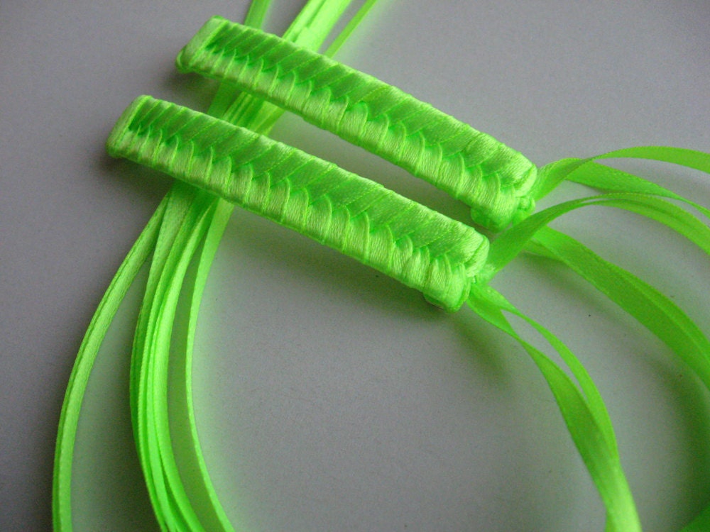 Neon Green Braided Ribbon Barrettes 1980s Style Hair