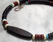 Dark Wood Turquoise Necklace, Natural Gemstone & Wooden Beads, Handmade Antique Copper Clasp...Unisex, Men's Jewelry