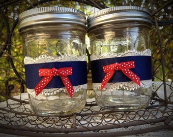 Nautical mason jars, Decorated mason jar, pinup themed wedding, navy decor, candleholders