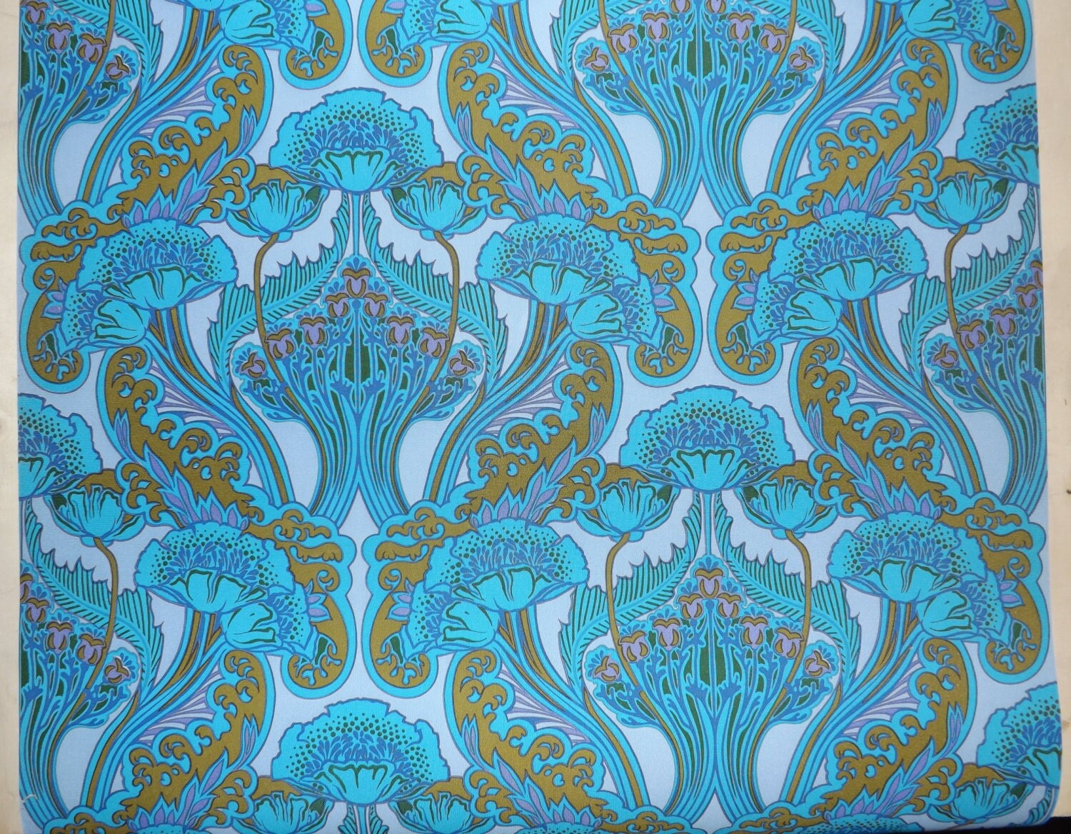 Blue art nouveau wallpaper vinyl coated arts and crafts turquoise mauve