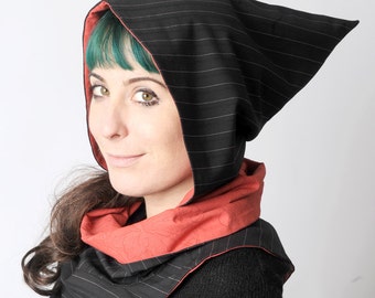 black Black   red, striped hooded with Black Black and scarf cowl, pockets  hooded scarf, Black hooded