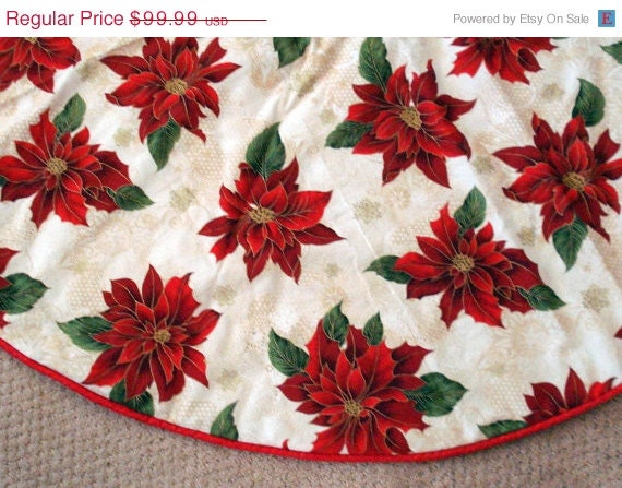 CIJ SALE Beautiful Bold Red Poinsettia Christmas Tree Skirt, Christmas, Cream, Red, Floral Tree skirt, Gold