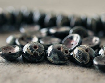 SALE 25% Off Jet Picasso Czech Glass Concave Bead 8mm Two Hole Cap : 25 pc