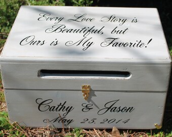 Large Rustic Wedding Card Box Keepsake Chest Every Love Story Is Beautiful Antiqued Distressed White Personalized Custom Wood