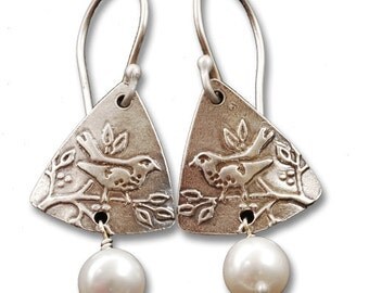 Wren Earrings - Sterling Silver and White Pearl Bird Earrings, Wren Jewelry, Perfect for Weddings