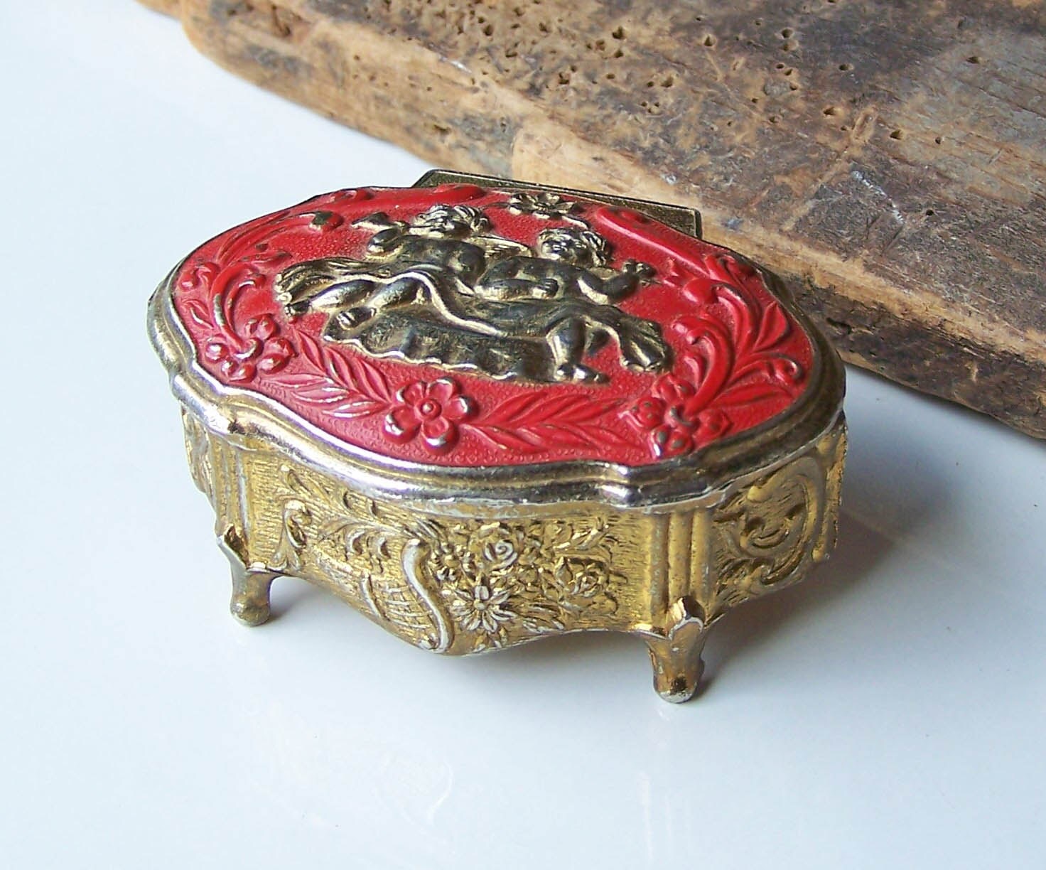 Vintage Trinket Box Red Metal Box Hinged Box Japan Box Red