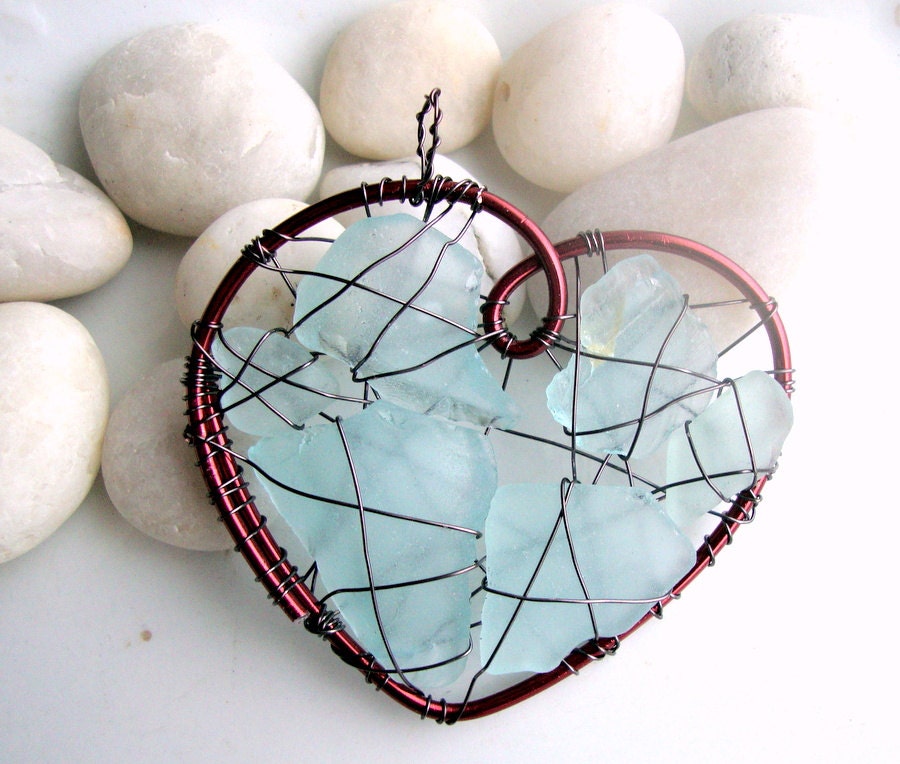 Sweet Red Heart Suncatcher Ornament with Aqua by jetsamdesigns