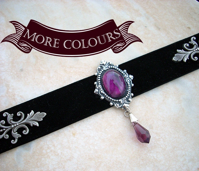 Purple Gothic Choker Black Velvet Ribbon Glass and Crystal Victorian Gothic Jewelry