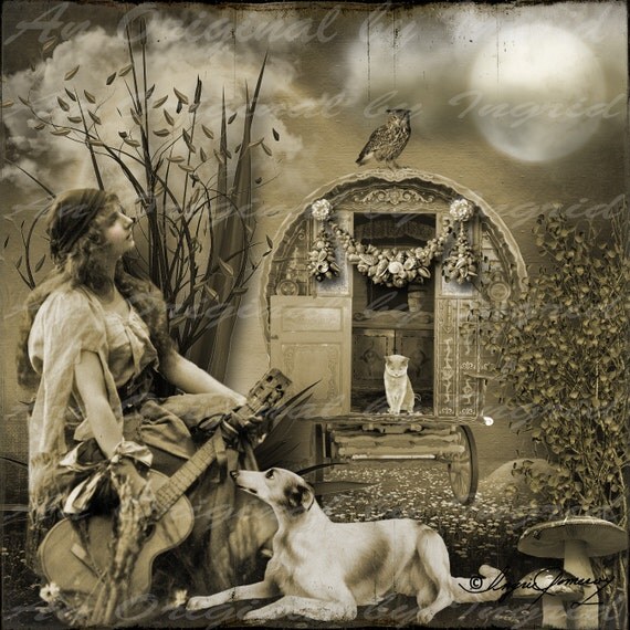 Gypsy in Sepia Digital Collage Greeting Card (Suitable for Framing)