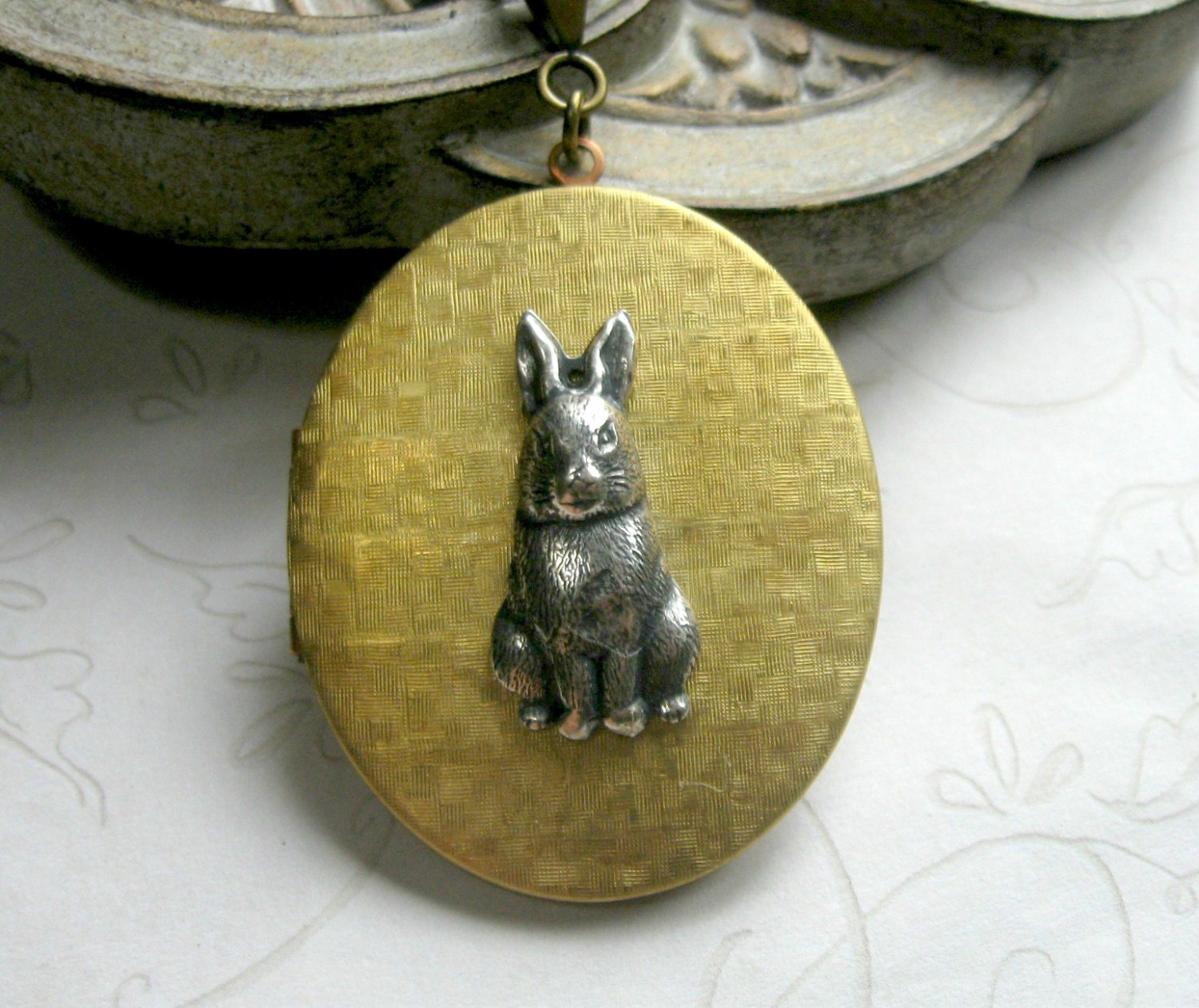 Bunny rabbit locket vintage brass large oval locket