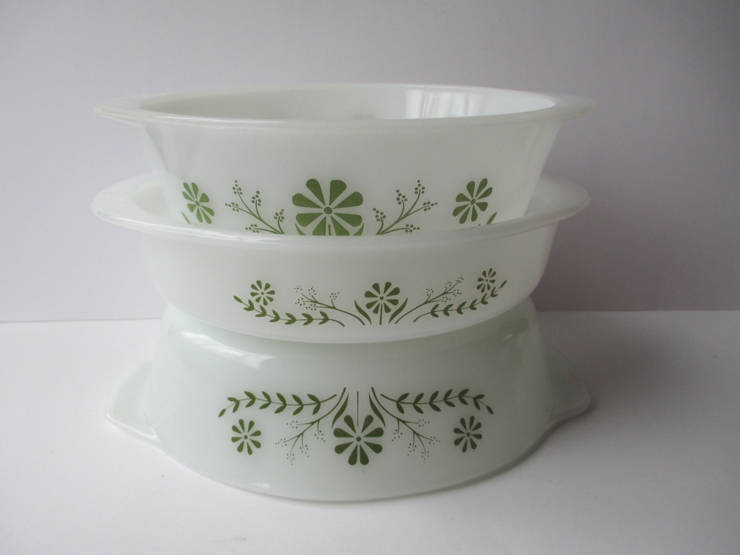 Vintage Glasbake Green Floral Bakeware Set of Three Retro Haute Juice