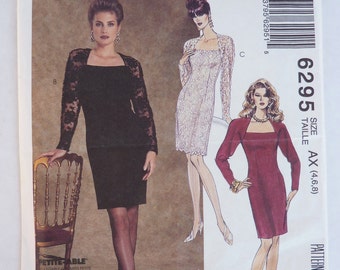 1990s UNCUT McCall's Sewing Pattern 6295 Misses' Cocktail Evening Fitted Knee Length Dress w/ Darts and Long Raglan Sleeves Size 4,6,8