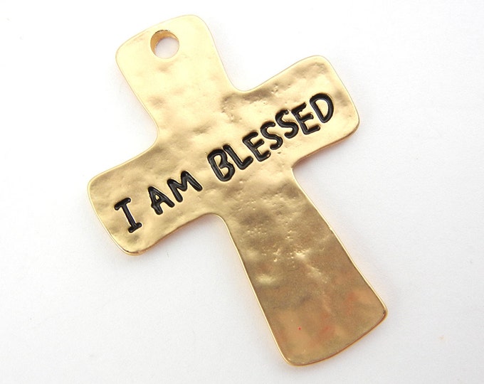 Hammered Gold-tone Cross Charm Pendant saying I am Blessed