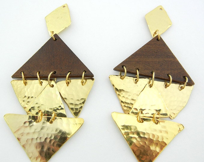 Pair of Tribal Wood and Gold-tone Hammered Metal Drop Charms