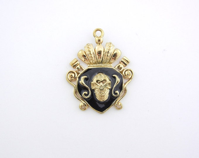 Gold-tone Metal and Black Enamel Skull Shield Pendant