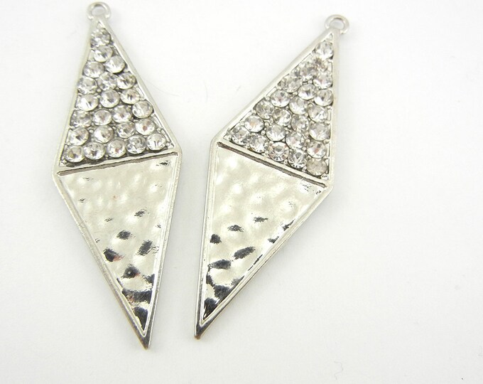 Pair of Diamond Shaped Drop Charms Hammered and Rhinestones