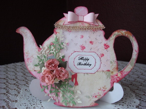 Handmade Birthday Card Teapot Card Pink Flower Card Shabby