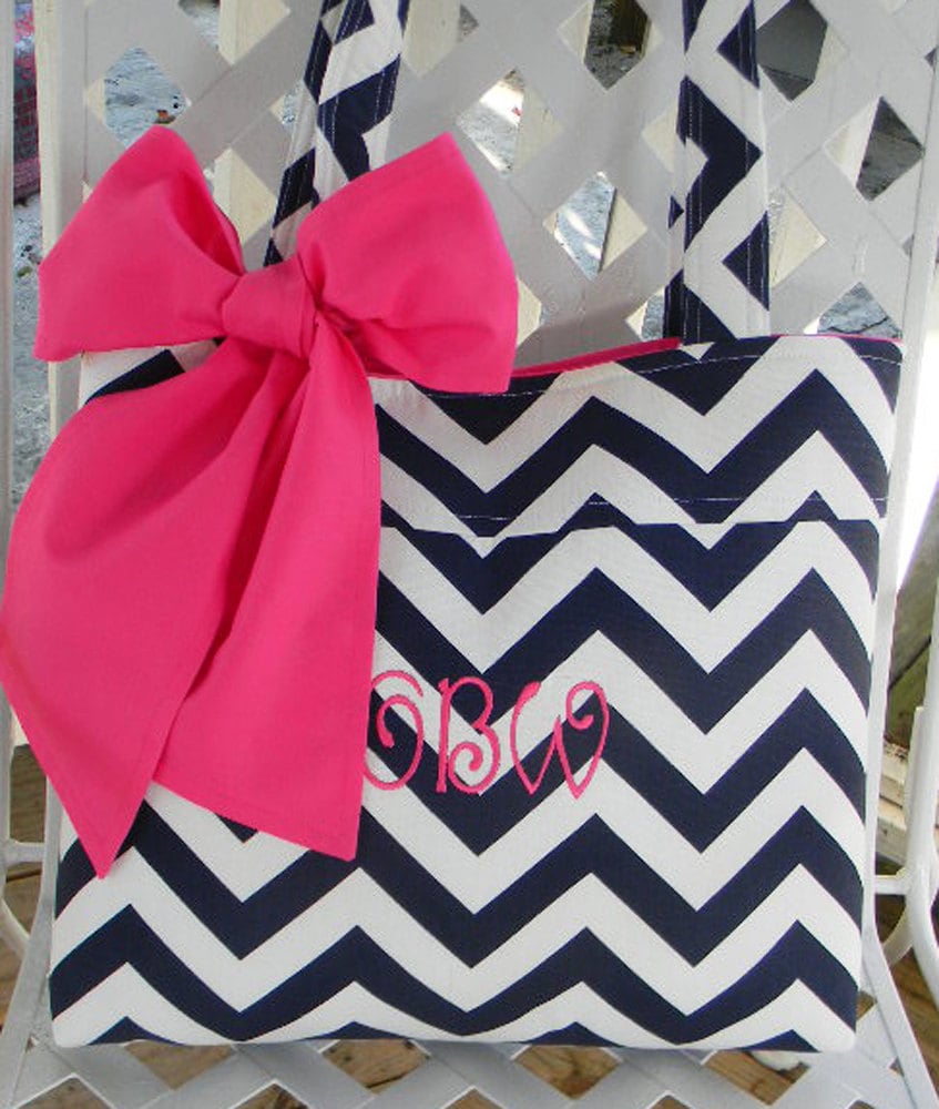 Personalized Navy Blue Chevron Tote Bag Every Day Bag by CHICBAZAR
