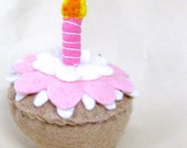 Felt Play Food Toy Cupcake with Candle and White Pink and White Frosting